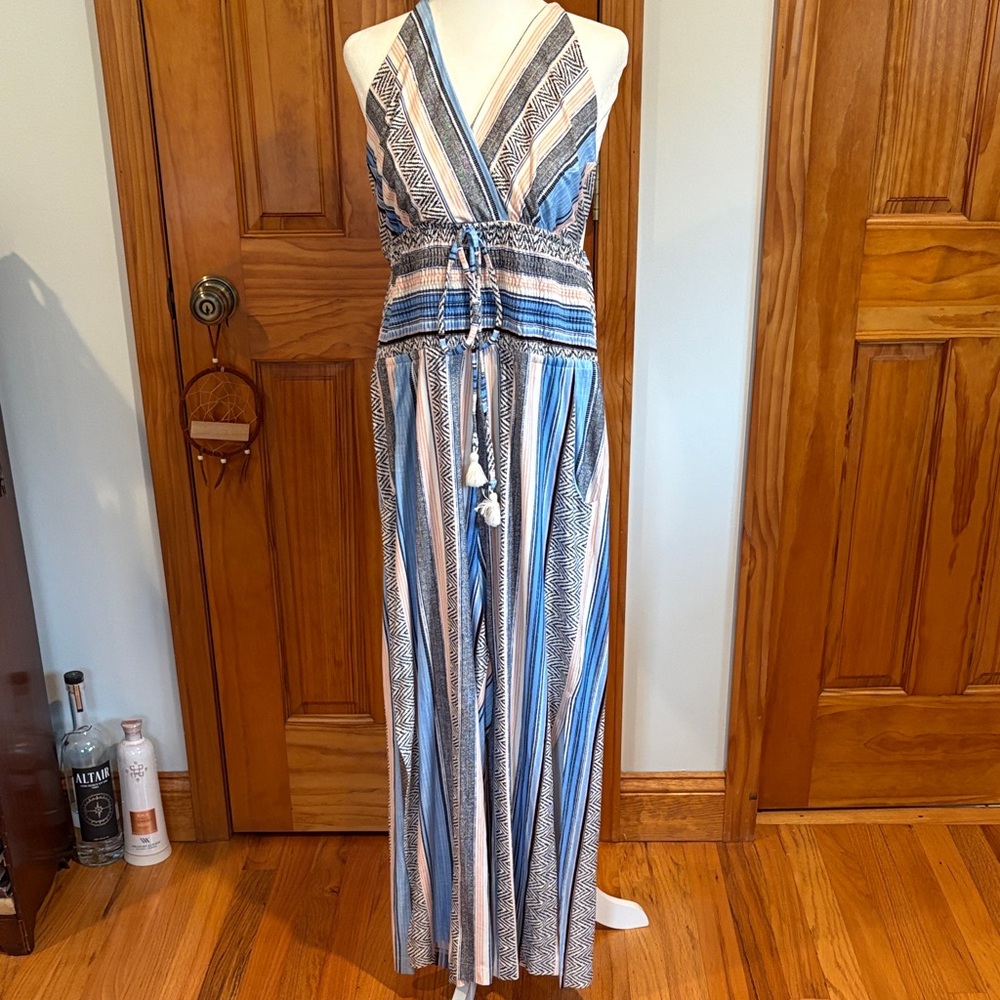 VENUS Blue and Beige Striped Jumpsuit
